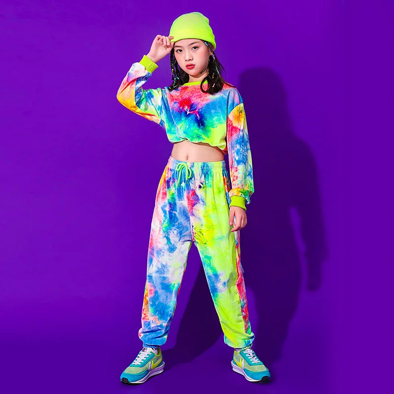 طفل Kpop الهيب هوب الملابس التعادل صبغ المحاصيل الأعلى كم طويل تي شيرت الشارع الشهير عداء ببطء عرق السراويل لفتاة الجاز ملابس رقص الملابس