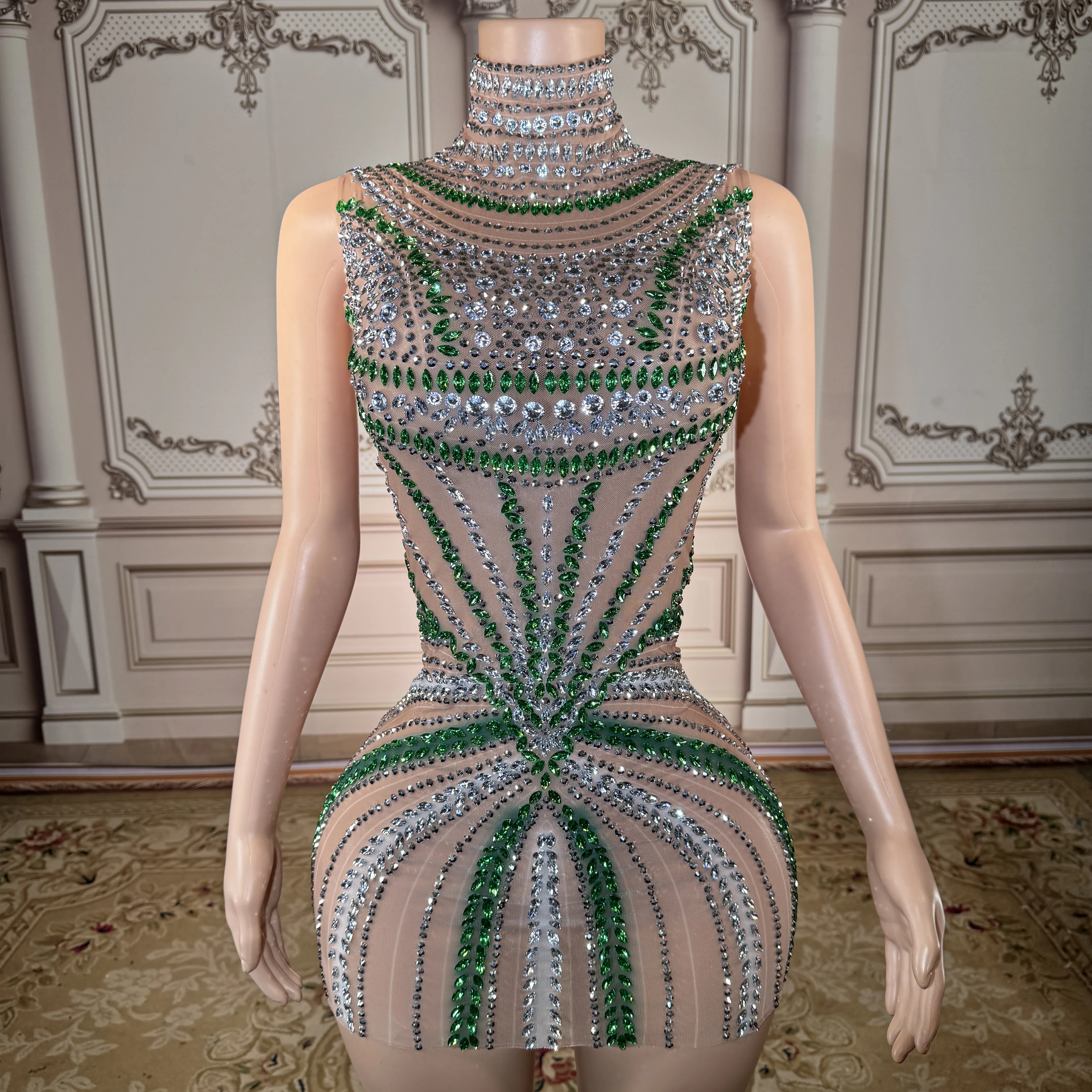 ZD 레드 카펫 이벤트 스팽글 크리스탈 민소매 메쉬 섹시 미니 클럽 드레스 댄스 의상 무도회 공연복