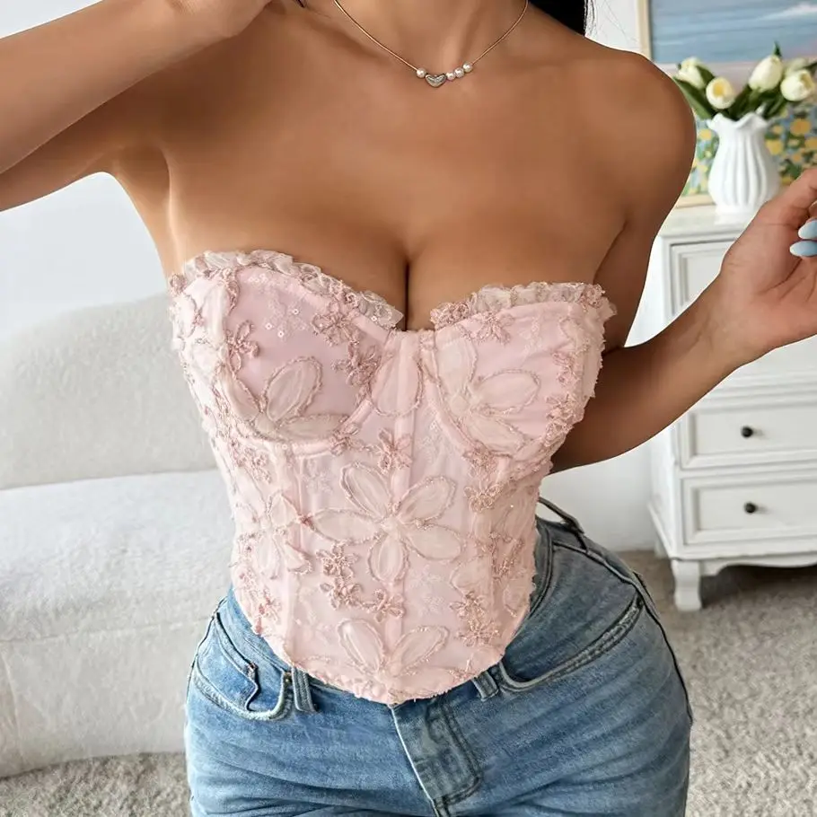 Embroidery Flower Pink Corset Female Lace-up Sleeveless Backless Tube Tops Bustier Slim Vest Shapewear for Women Summer Tank Top