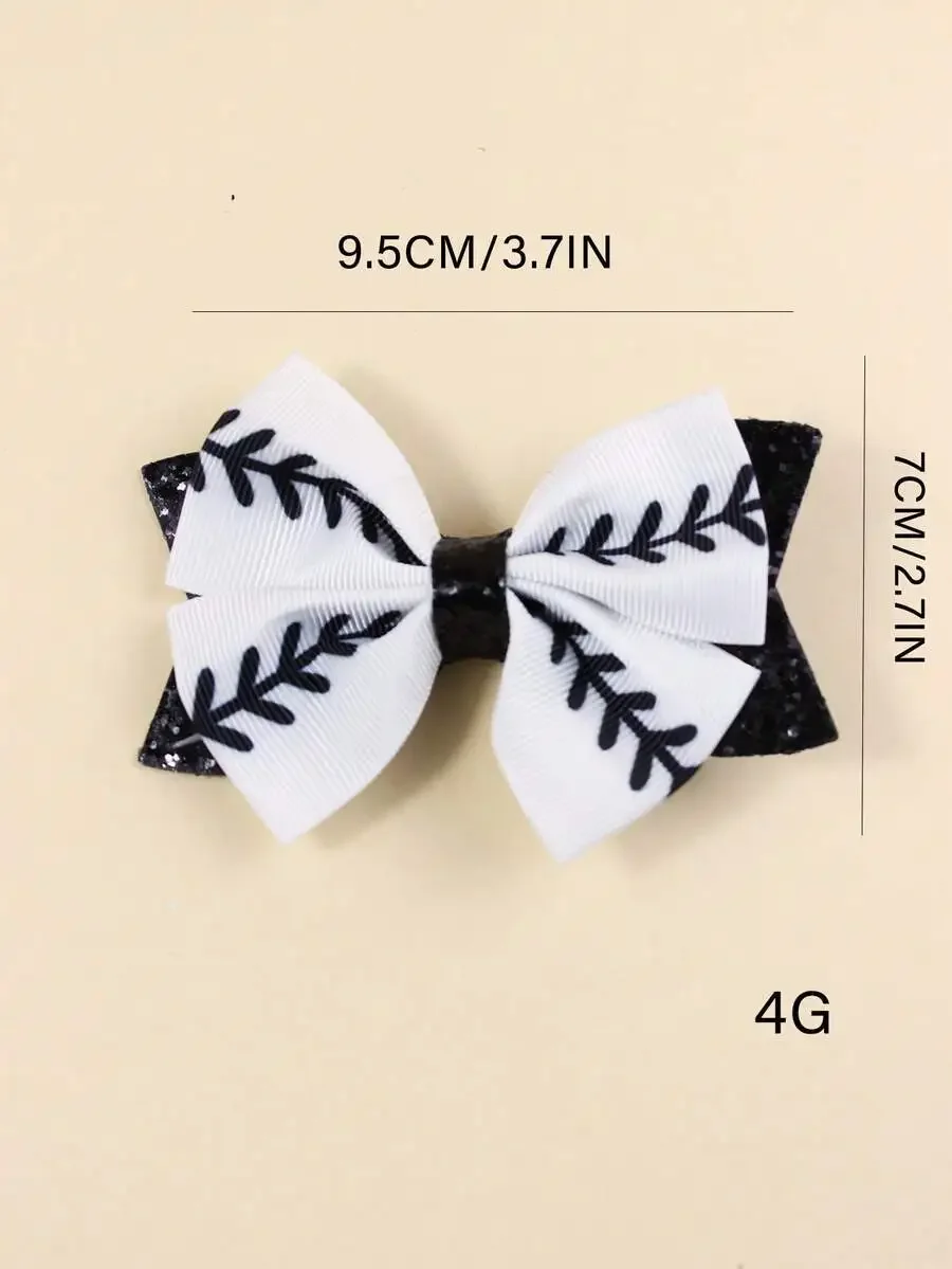 

2pcs White Bow Hair Clips With Black Baseball Stitch Design, Sporty Accessory For Active Outfits