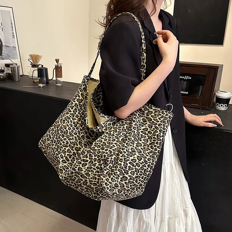 Womens Leopard Canvas Shouler Bag Female Fordable Big Bags Purse Fashion Hand Bag for Work Travel