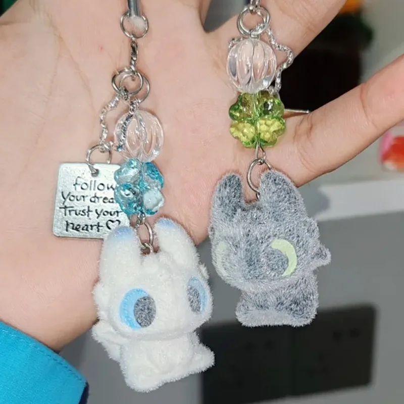 Cute Potdemiel Toothless And Light Fury Flocked Plush Cartoon Bag Pendant Keychain Decoration Doll Trendy Toys Surprise Gifts view 3