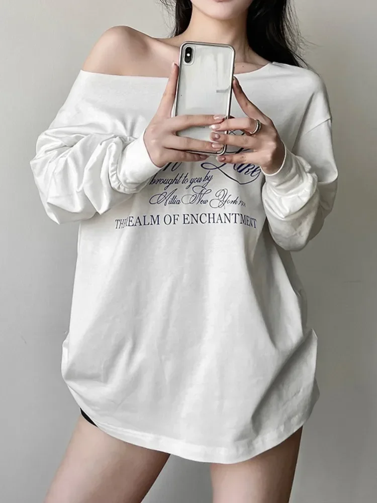 Y2k Aesthetic Casual Off Shoulder T-shirt Loose Letter Printing Harajuku Tshirts Grunge Vintage Streetwear Oversized Tee Shirts