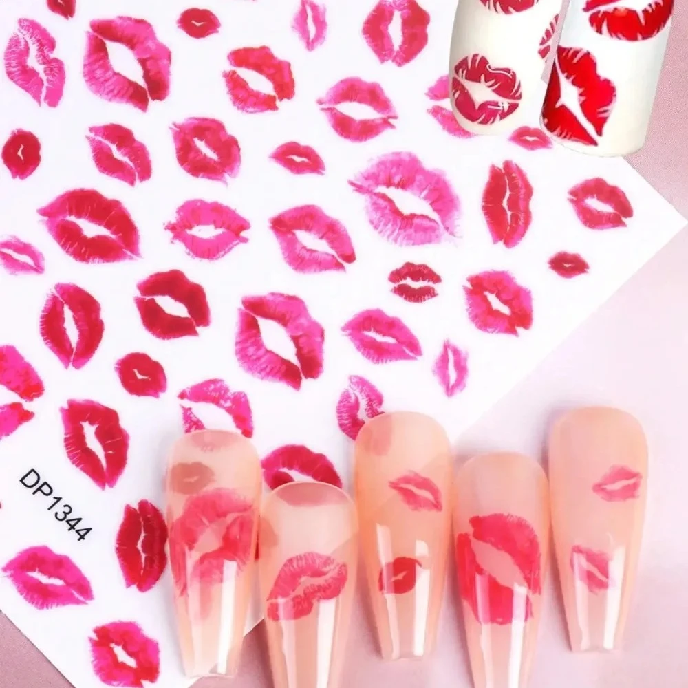 2 Blatt Rote Lippen Nagelkunst-Aufkleber Kuss-Lippen Lippenabdruck-Design Begeisternde Lippen-Kuss-Nagelaufkleber 3D Selbstklebende Nageldekoration