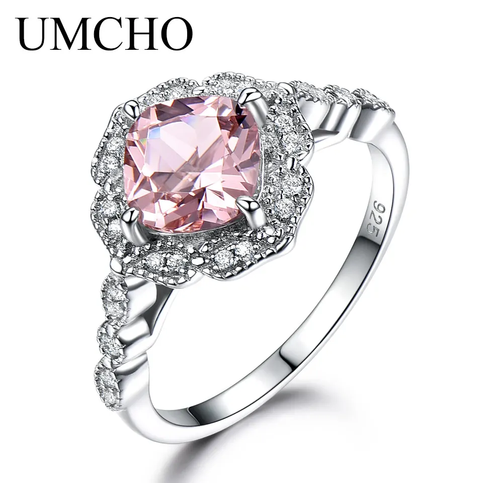 

UMCHO Solid Sterling Silver Cushion Morganite Rings for Women Anniversary Band Pink Gemstone Valentine's Gift Fine Jewelry