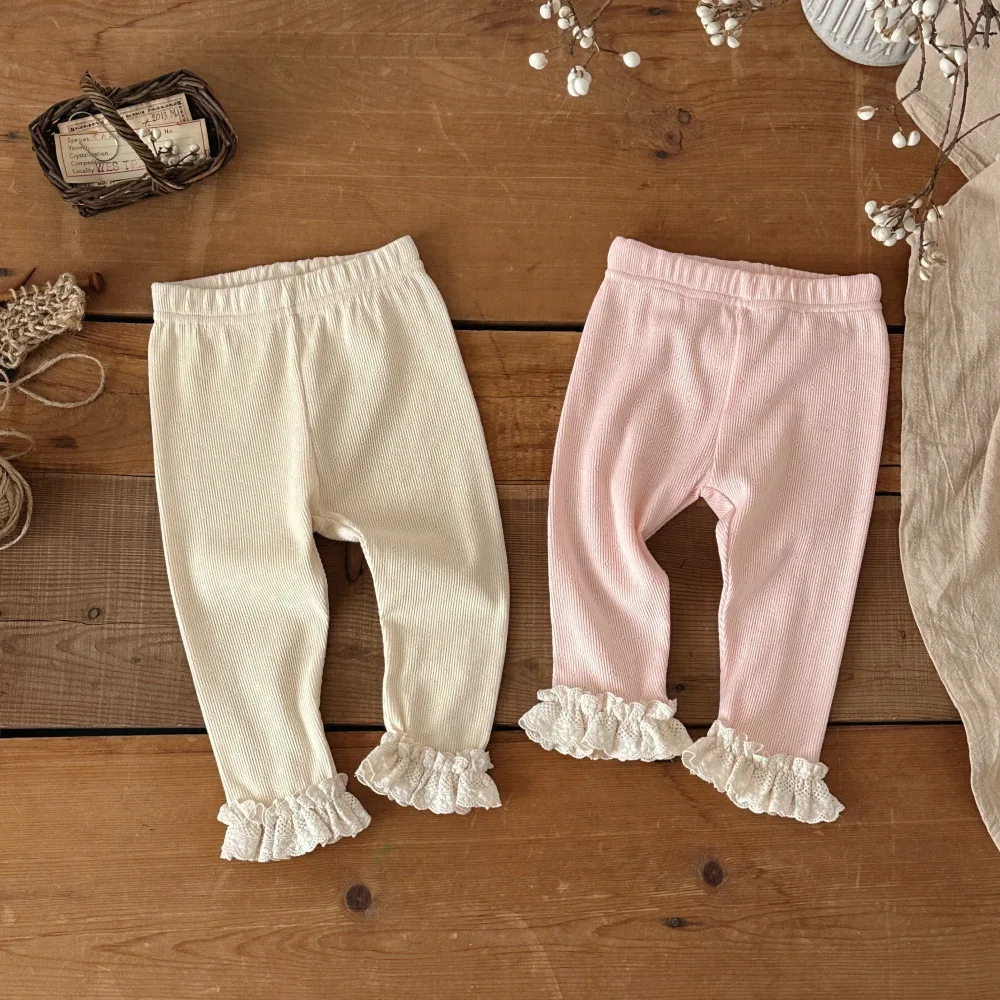 2026 Summer New Girls Cute Lace Leggings Cotton Children Casual Pants Girls Solid Ribbed Flared Trousers Toddler Clothes