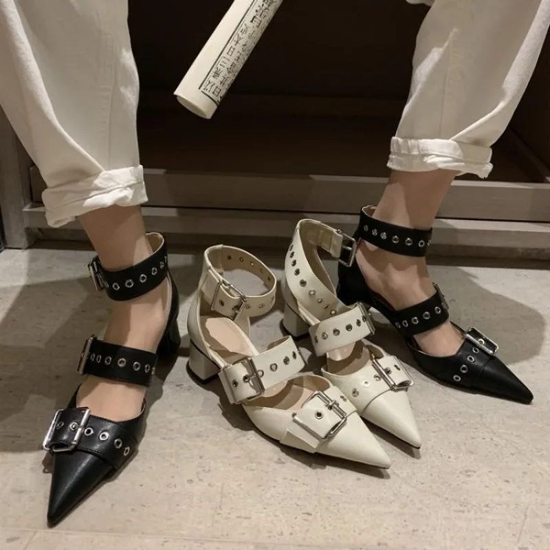 2024 Summer New Baotou Sandals, Women\'s Shoes Pointed Belt Buckle Rivet Medium Heel Thick Female Sandals, Hollow Bag Shoes