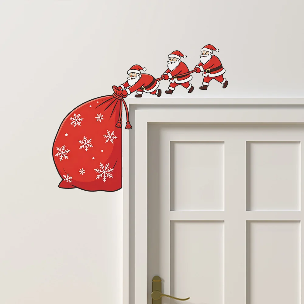 Cartoon Santa Claus Gift Bag Wall Sticker Christmas Room Door Frame Decoration Mural New Year Home Decor Self-adhesive Decals