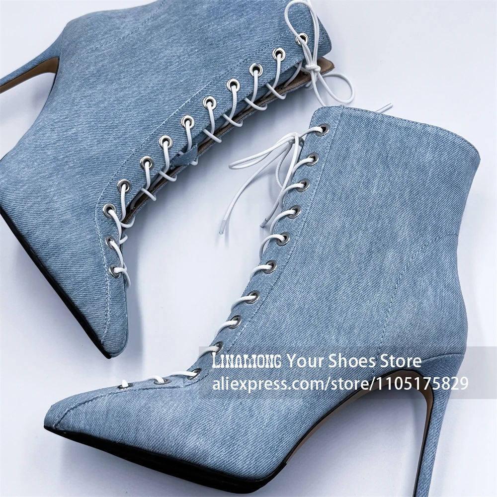 Front Lace Up Denim Ankle Booties Pointed Toe Stiletto High Heel Fashion Booties for Women Light Blue Black Lace Up Ankle Boots