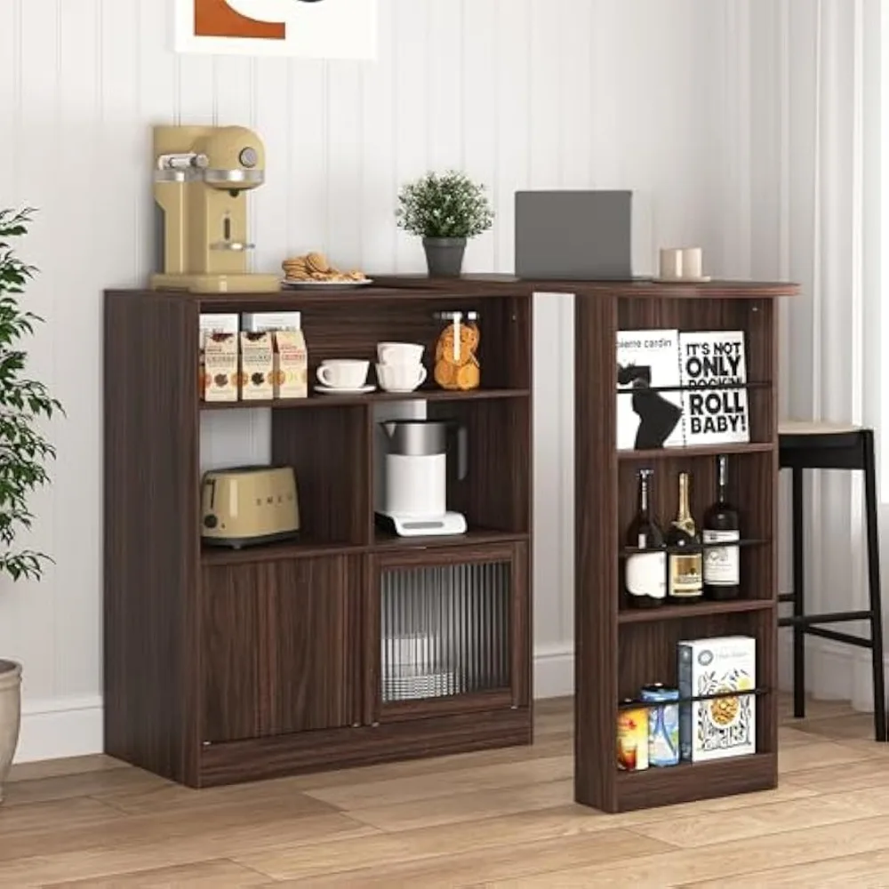 

Modern Bar Cabinet with Rotating top, Counter Height Dining Cabinet with 6 Storage space and 2 Ribbed Glass Door for Kitchen