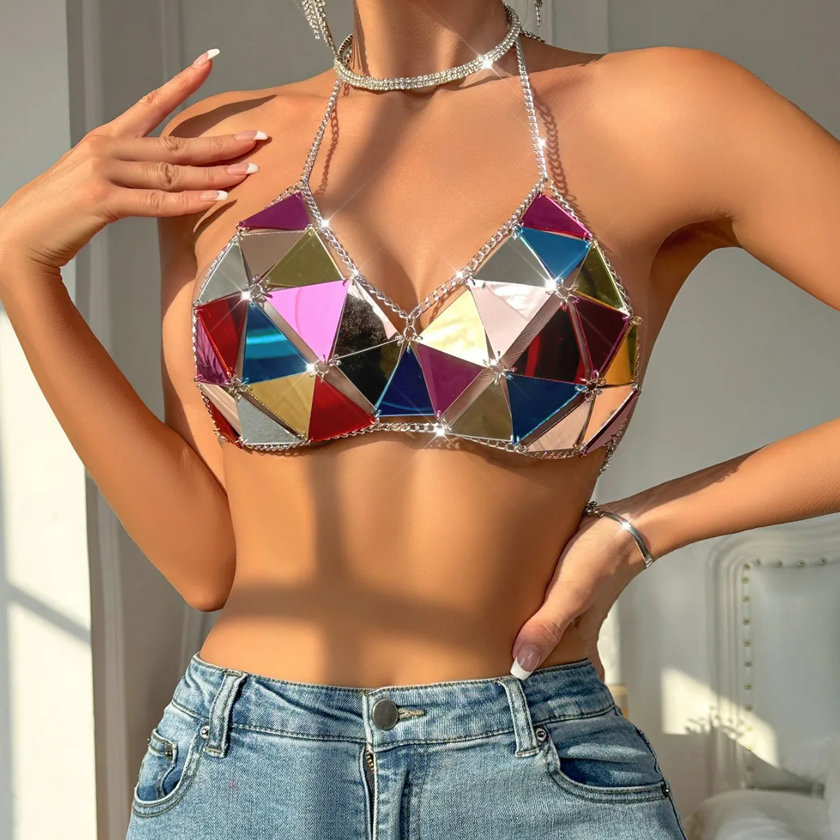 Triangular Acrylic Bra Chain Adjustable Metal Halter Bikini Crop Tops Beach Night Clubwear Stripe Performance Party Body Chain