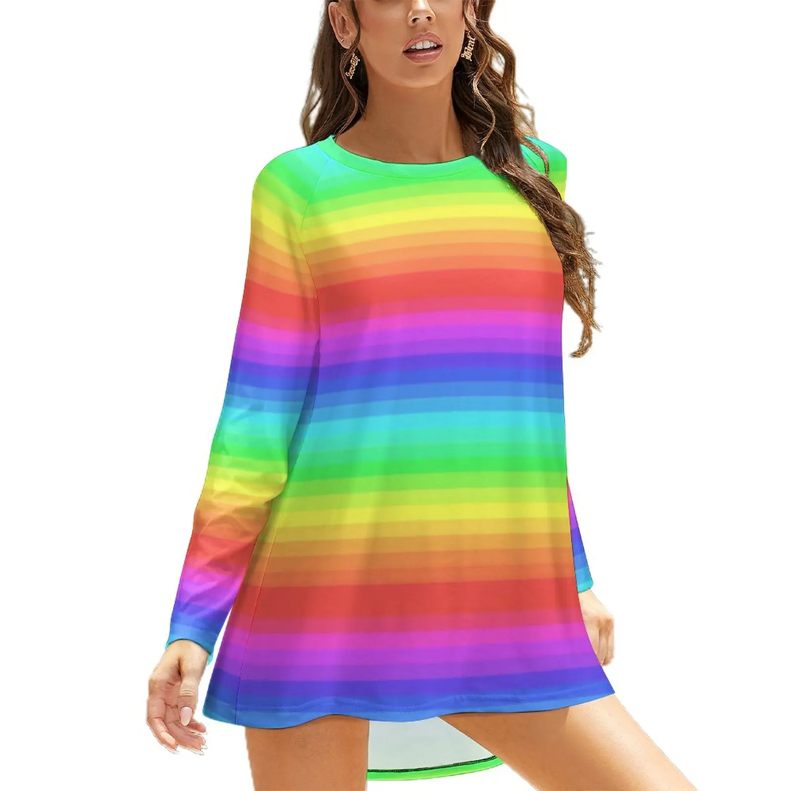 Bright Rainbow T-Shirt Colorful Stripes Print Retro Long-Sleeve T Shirts Women Street Fashion Tshirt Oversized Graphic Top Tees