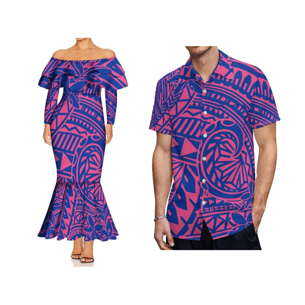 Vestido feminino polinésio feito sob medida, um ombro, camada dupla, babados, manga comprida, rabo de peixe para uma casal elegante