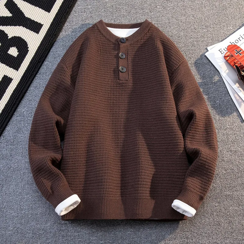 

Casual Knitted Sweater Men's Faion Long Sve Loose Fit Winter Warm Color Versatile Men's Knitwear Button Closure