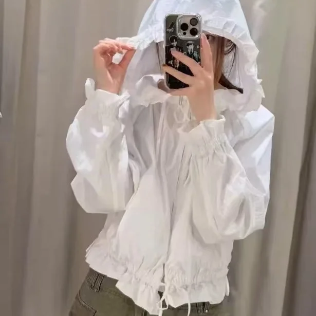 Casual Style Women's Zipper Decorative Hooded Jacket Summer New Arrival Sun Protection Layered White Outerwear Short Coat