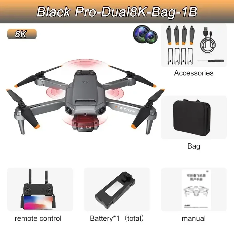 P8 Pro Professional Mini Drone, 4K, Câmera dupla ESC profissional, Evitar obstáculos, Fluxo óptico, Quadcopter dobrável, Drone Helicopter Brinquedos