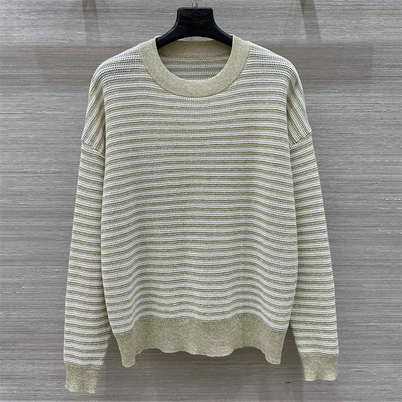 

Women's sweater New elastic knitted round neck long sleeved top for autumn 2025 Gold yarn blended striped Knitwear y2k pullover
