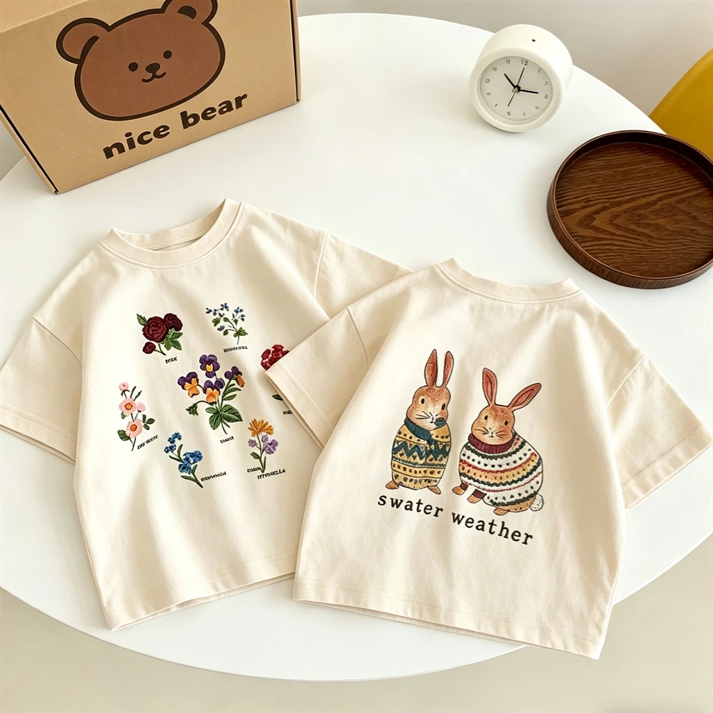 Lovely Tees Girls Summer Clothes 1-7Years Old Child Casual Loose Thin Cotton T Shirt Toddler New Cartoon Short-sleeved Tops