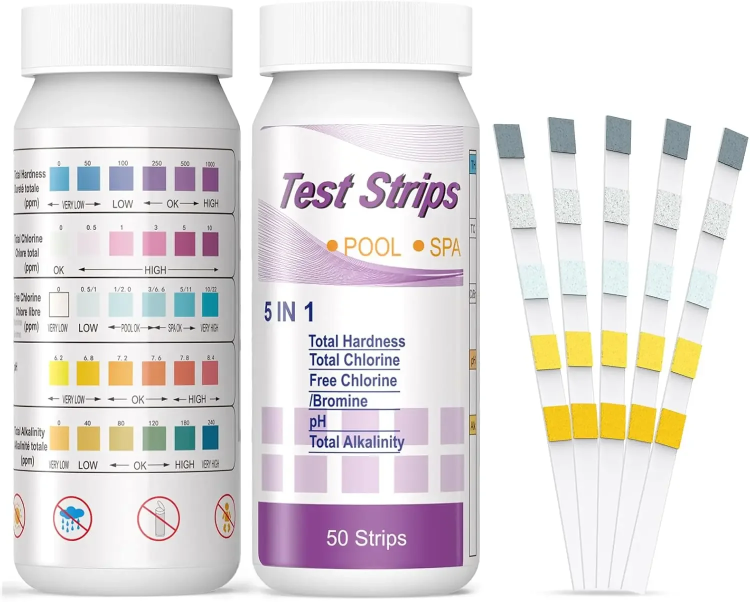 5 in 1 Chlorine PH Test 50pcs Multipurpose  Strips SPA Swimming Pool Water Tester Paper Hardness Tool