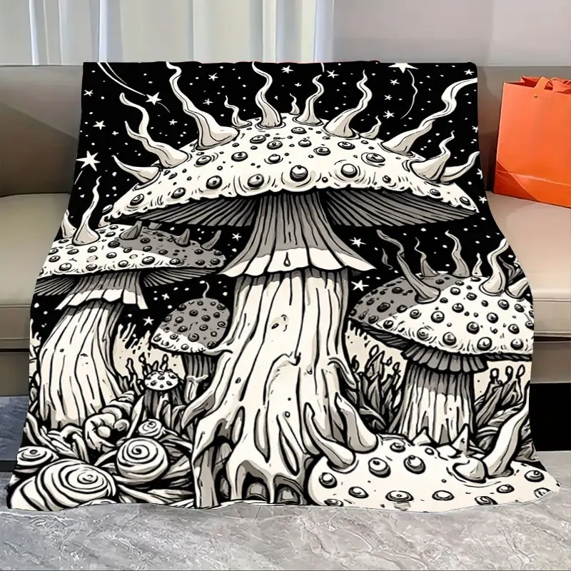

1pc Flannel Blanket Psychedelic Mushroom Forest Blanket - Black & White Cosmic Design