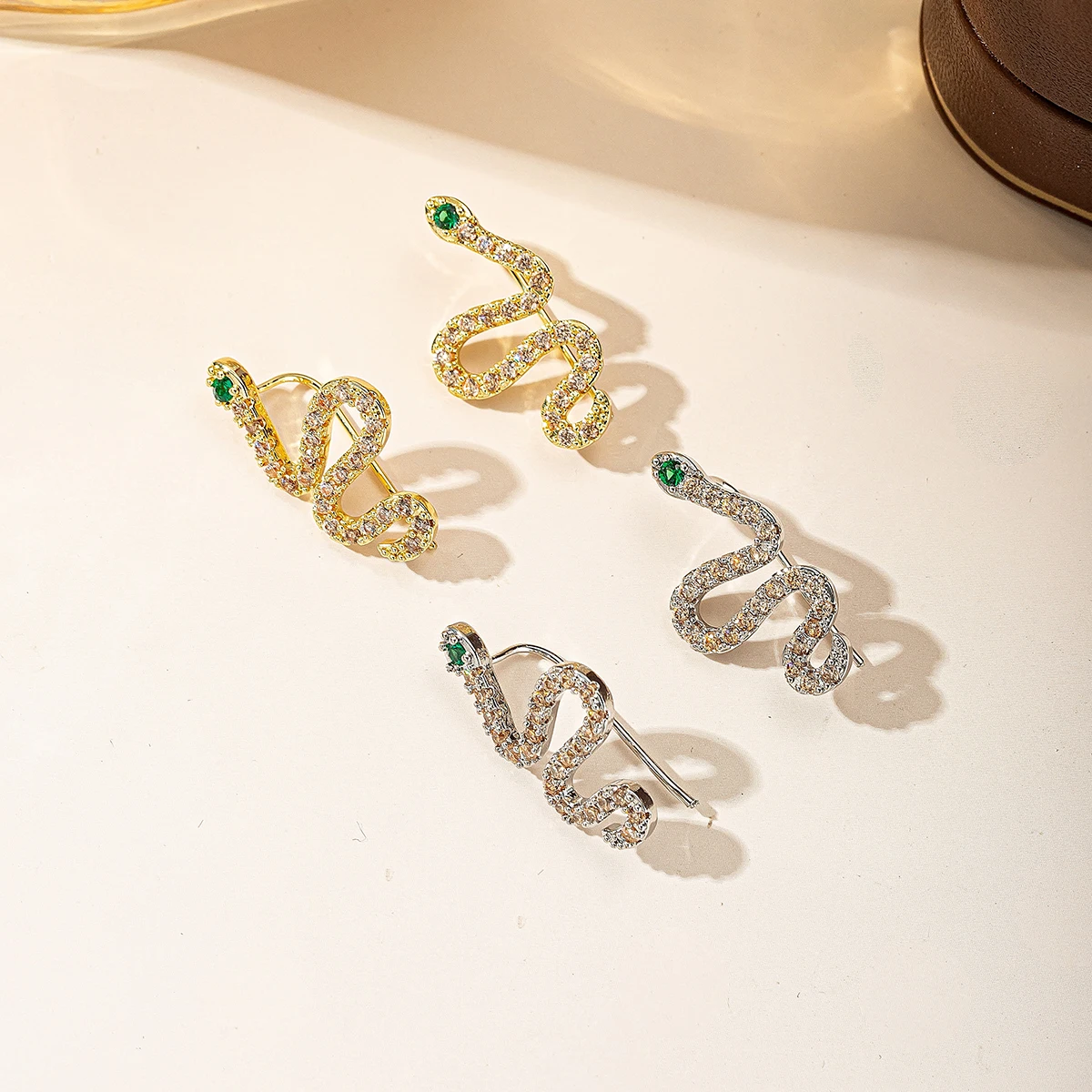 Sparkling Cubic Zircon Snake Earrings for Women, Green Eye CZ Wrap Crawler Earrings