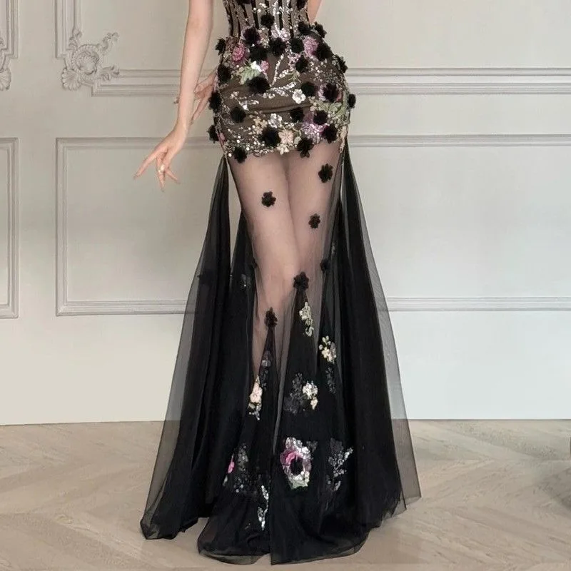 Strapless Fishtail Evening Dress Niche Banquet Style High-end and Light Luxury Dress Socialite Long Dress for Host's Performance