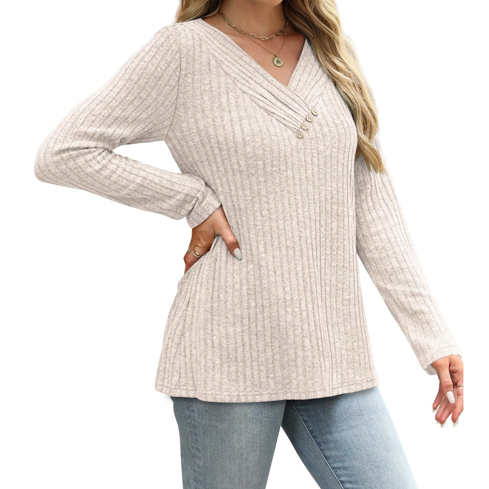 سترة نسائية أنيقة مضلعة بأزرار متماسكة عصرية كاجوال بلون سادة ورقبة على شكل V وأكمام طويلة وقمصان فضفاضة #2