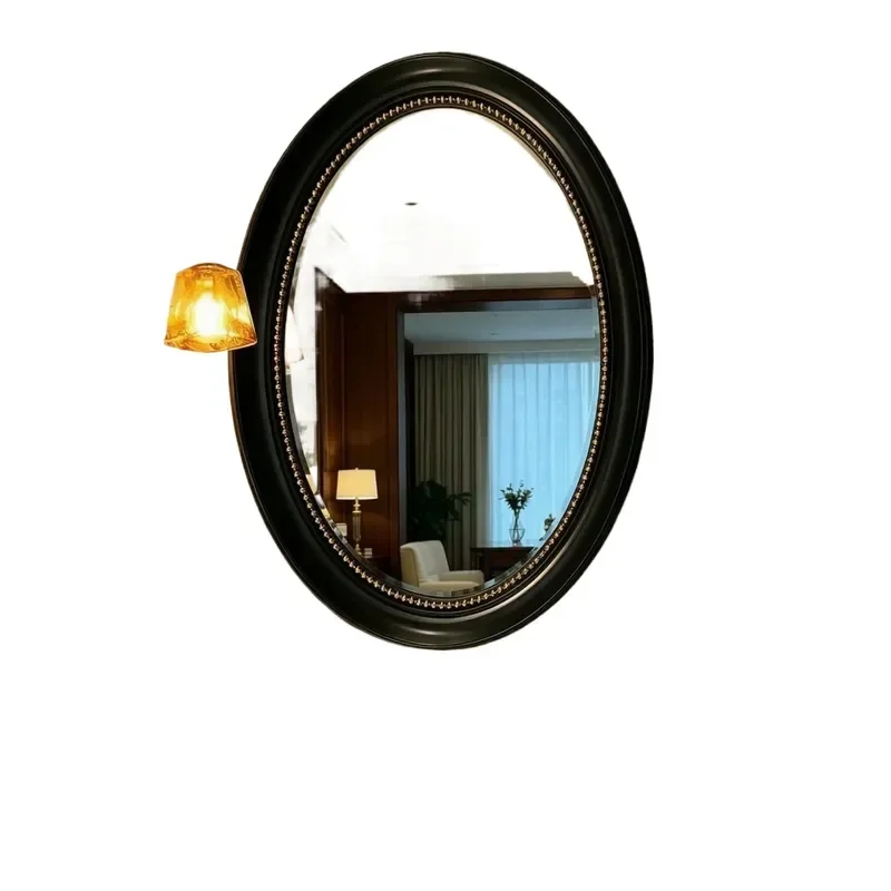 Medieval Black Oval Bathroom Mirror Retro Beaded Design Wall Mounted Mirror for Washstand Makeup Hotel Decorative Mirror