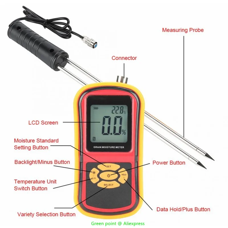 5PCS Handheld Digital Grain Moisture Meter GM640 Measure Temperature Of The Grain Smart Sensor 5%-30% Backlight Moisture Test