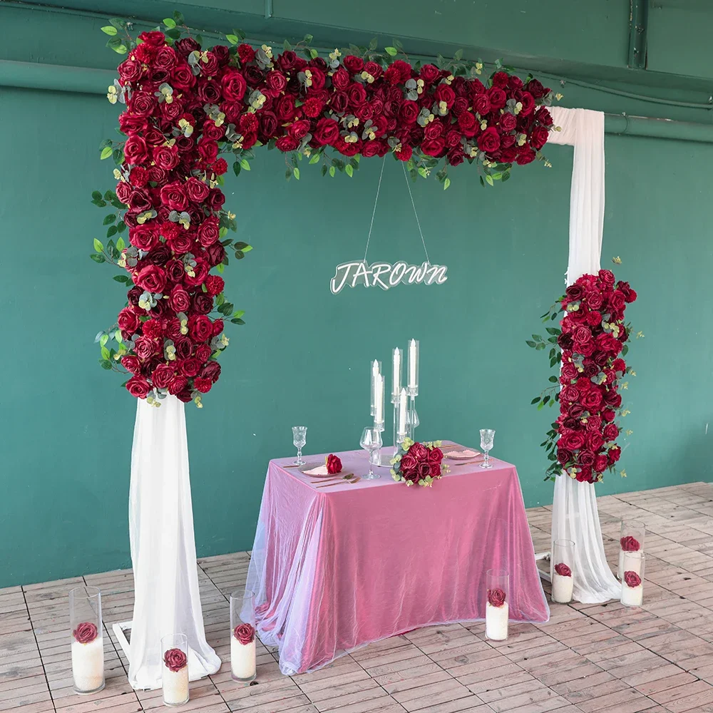 

Wedding Decorations Artificial Red Rose Eucalyptus Flower Row for Event Backdrop Decors Anniversary Ceremony Home Decor Props