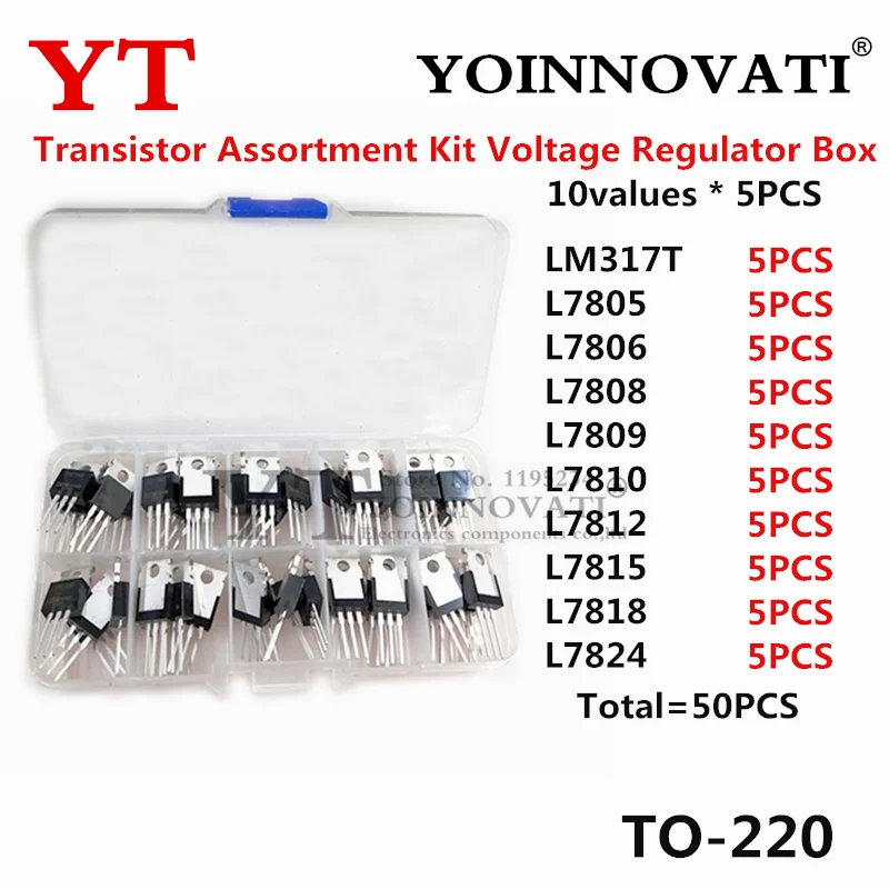 10values X 5PCS Transistor Assortment Kit Voltage Regulator 50PCS LM317T L7805 L7806 L7808 L7809 L7810 L7812 L7815 L7818 L7824