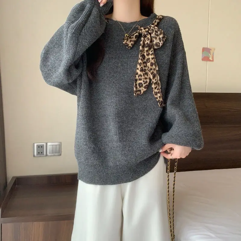 American Retro Leopard Print Sloping Shoulder Women's Autumn Winter Style Lazy and Loose Western Style New Knitted Item Sweater