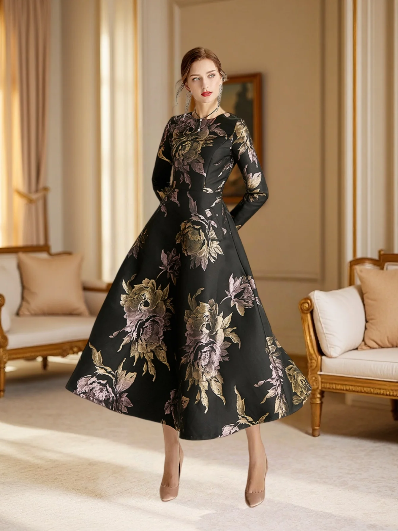Luxury Women Long Maxi Jacquard Dress Spring Autumn Boho Floral Fashion Clothing Ladies Party Evening Ball Gown