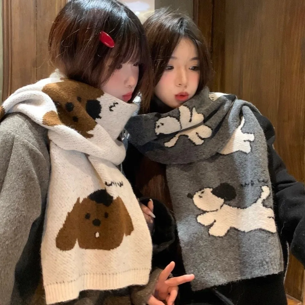 

Trendy Lightweight Puppy Pattern Scarf Korean Style Warm Cashmere Blend Scarf Windproof Cute Knitted Shawl Unisex