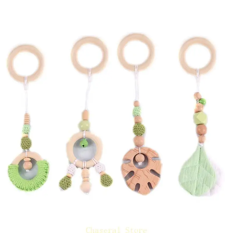 

E7CE 4 pieces Wooden Gym Toy Teether Beads Leaves Children Pendant Toy for Baby Girl