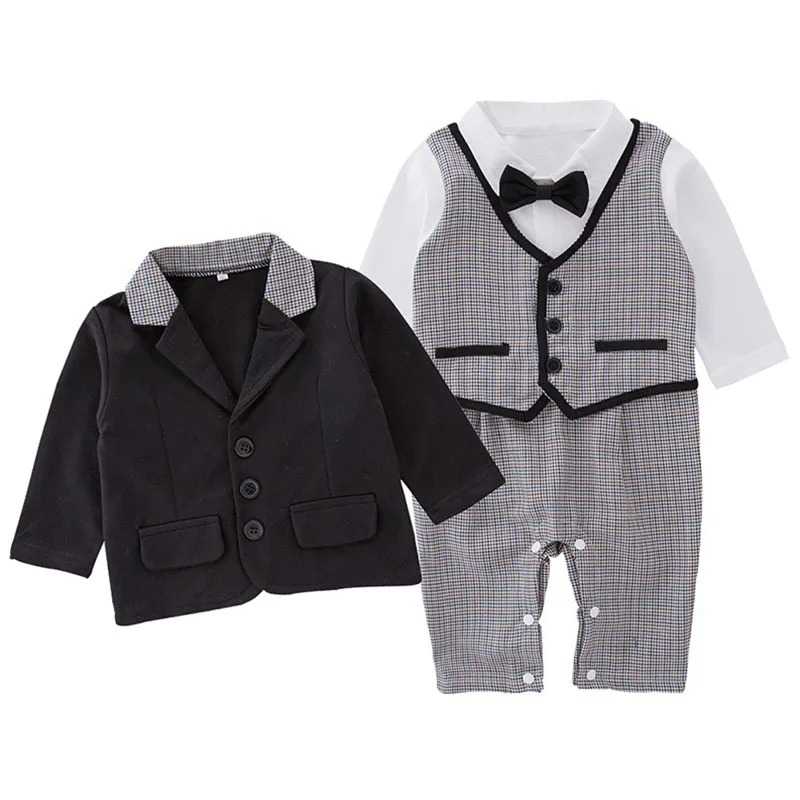 

2Piece Autumn Toddler Clothes Boys Outfit Set Korean Fashion Gentleman Coat+Plaid Jumpsuit Newborn Rompers Baby Clothing BC1416