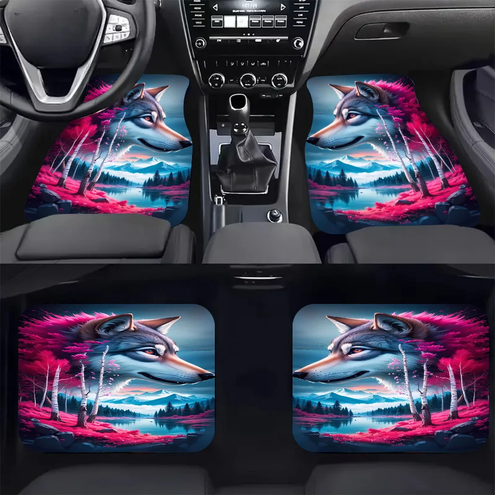 Set Of 4 Mystic Wolf Forest Printed Car Floor Mats - Fashionable, Easy To Maintain, Compatible With All Types Of Vehicles, Long-