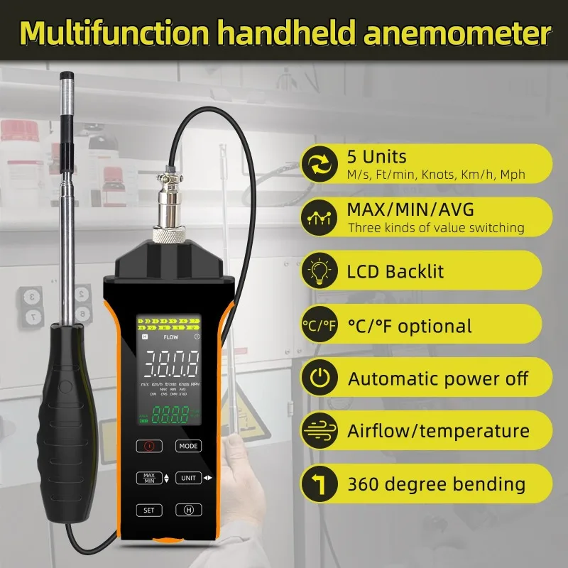 High Precision Thermal Anemometer Handheld Industrial Hot Wire Air Velocity Meter for Wind Speed Air Temperature Air Volume