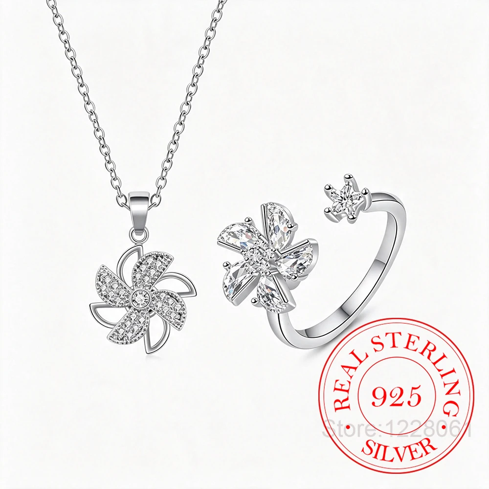 925 Sterling Silver Jewelry Crystal Flower Spinner Rotating Jewelry Set 2pcs Rings Necklace for Women Wedding Party Jewelry Gift