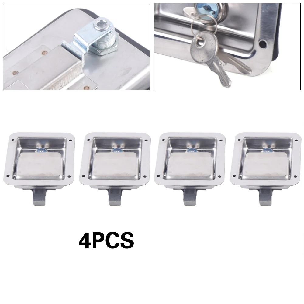 4Pcs Stainless Steel Trailer Paddle Door Latch Handle RV Truck Tool Box Lock+Key Silver