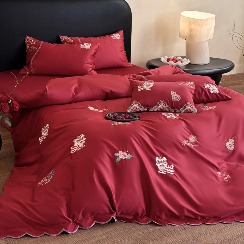 Lion Dance Flowers Embroidery Red Luxury Bedding Set 1000TC Egyptian Cotton Duvet Cover Bed Sheet/Fitted Sheet Pillowcases 4Pcs
