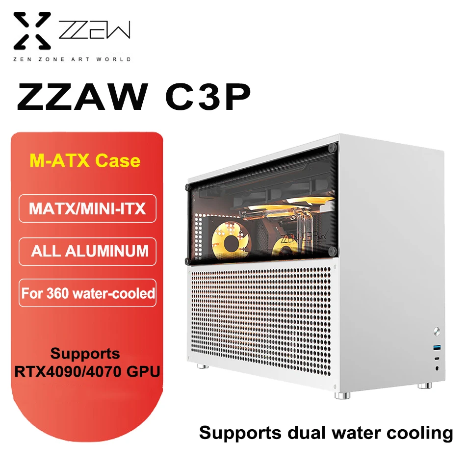 ZZAW C3P All Aluminum MATX Case Side Tempered Glass RTX4090/4070 GPU For Double 360 Water Cooling ATX Power Supply Mini Chassis