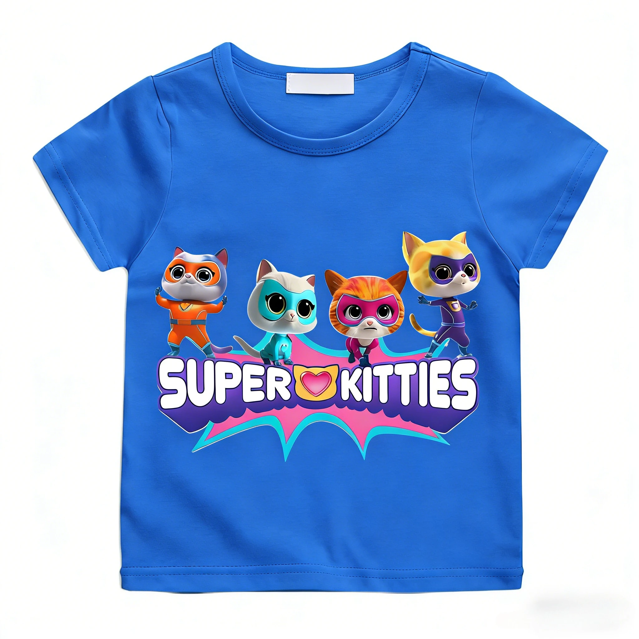 

Детская футболка с мультяшным принтом SuperKitties, летняя повседневная футболка из 100% чистого хлопка с короткими рукавами