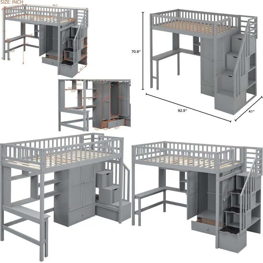 

Gray Twin Loft Bed with Stairs, Desk, Wardrobe, and Safety Rail for Kids and Teens