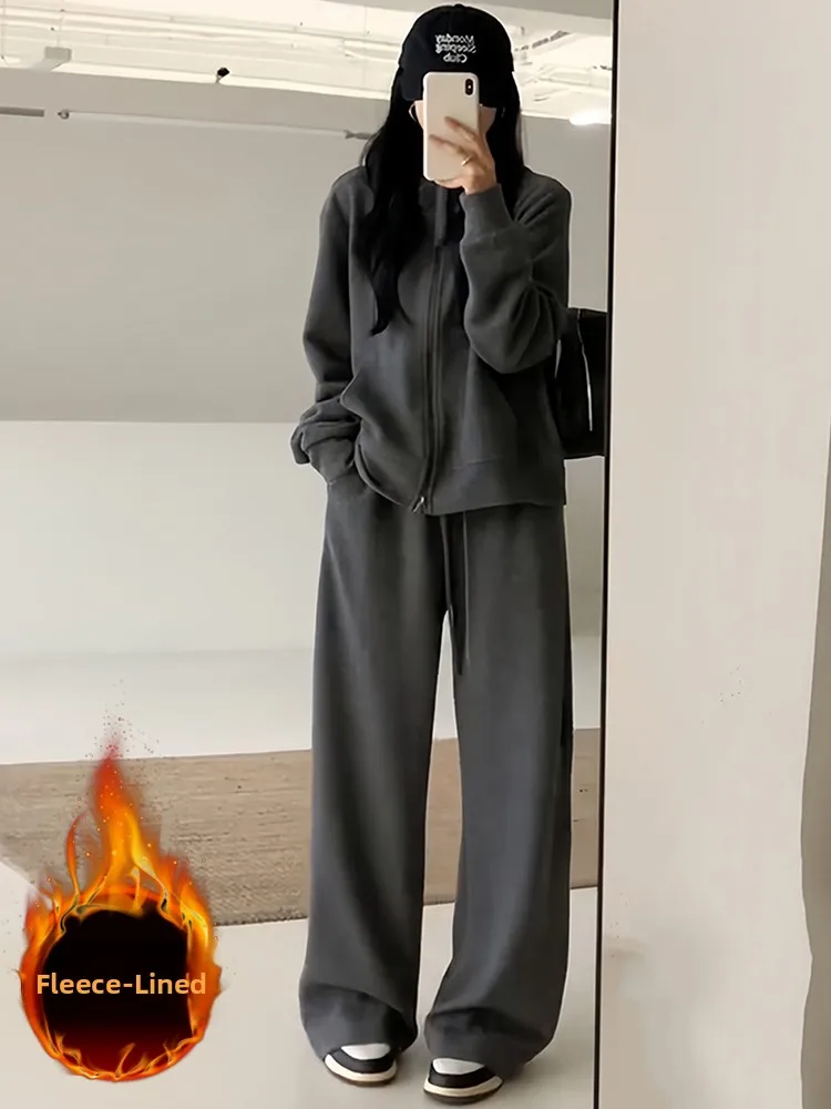 

Loose Korean Style Casual Sports Set Women's Winter Fleece High-End Grey Jacket Top Wide Leg Pants Two-Piece Set Comfortable