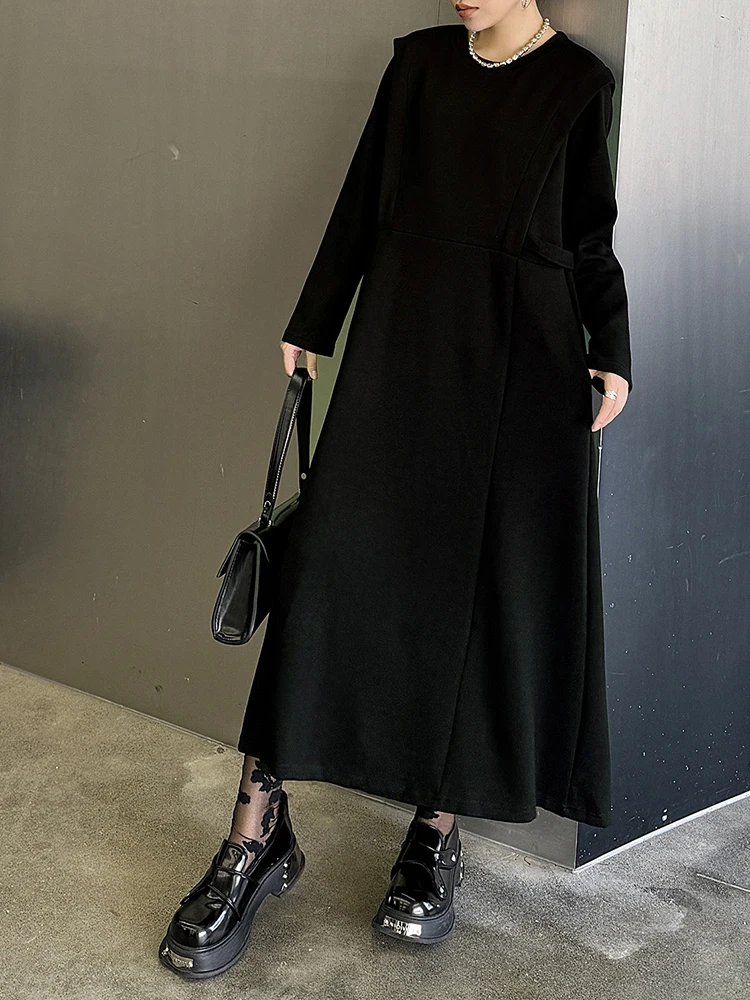 [EAM] Women Black Brief Big Size Shaped Midi Thick Dress New Round Neck Long Sleeve Fashion Tide Spring Autumn 2024  1DH6822