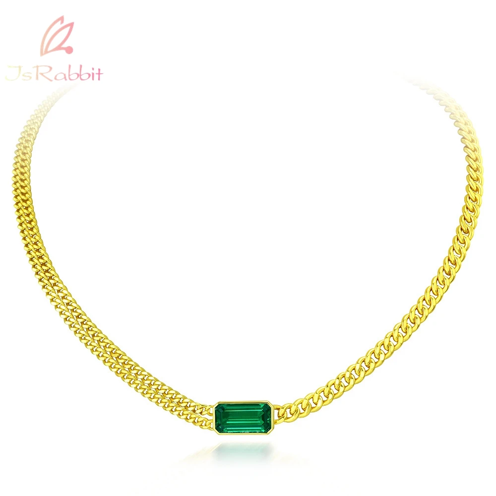 

IsRabbit 18K Gold Plated 100% 925 Sterling Silver 7*14MM Muzo Emerald Gemstone Diamond Cuban Chain Pendant Necklace Fine Jewelry