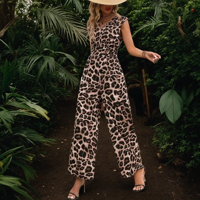 Mono con estampado de leopardo para mujer, sin mangas, con cuello en V profundo, pierna ancha, mono Sexy de una pieza para mujer, monos informales de verano