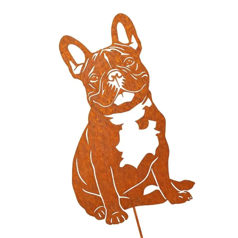 Metal Dog Garden Stake Iron Yard Figure with Weathered Brown Finish for Flower Bed Lawn Garden Outdoor Ground Insert D2RD
