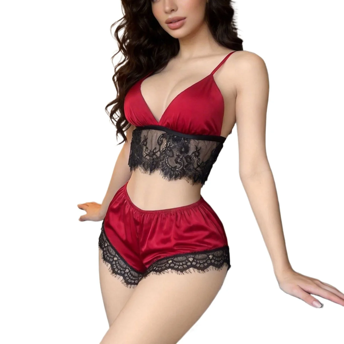 Burgundy Eyelash Lace Trim Sleep Set V Neck Cami Top High Waist Wide Leg Shorts Two Piece Nightwear Cozy Bedroom Pajamas